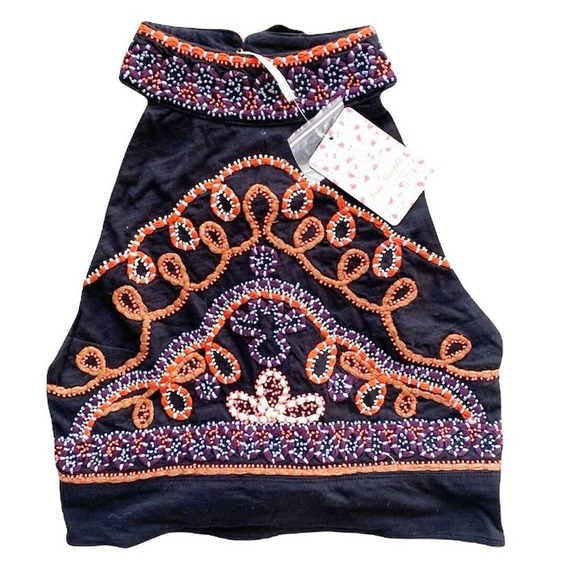 Free People Goa Embroidered Crop Top Beaded Embellished Tank Open Back Sz Medium - Picture 4 of 7